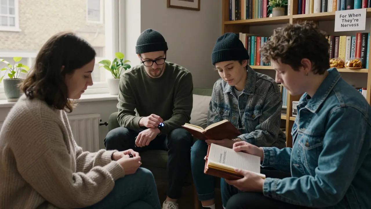 A group of escorts relax in a book-filled flat, checking safety tools and preparing for clients.
