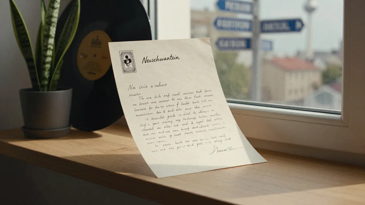 A handwritten letter rests on a windowsill with a snake plant and a vinyl record in soft morning light.