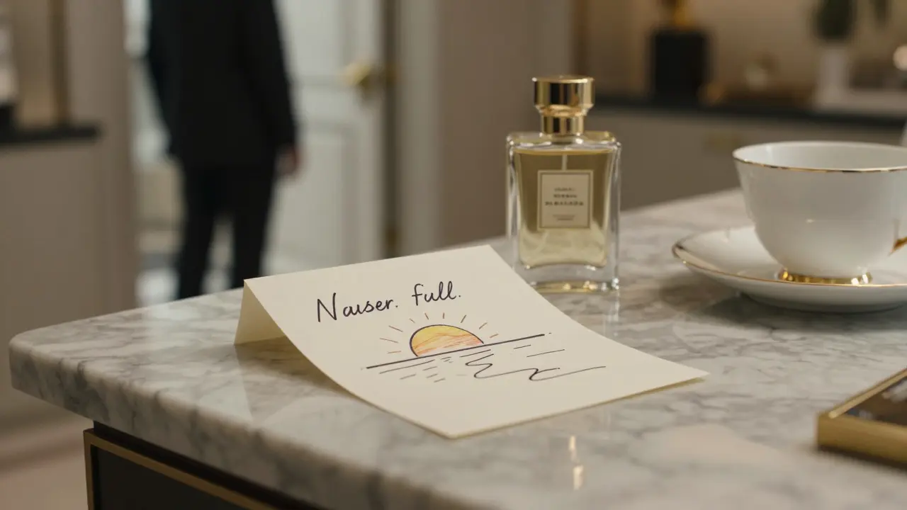 A handwritten note and perfume sit beside a teacup on marble, symbolizing quiet gratitude after a meaningful encounter.