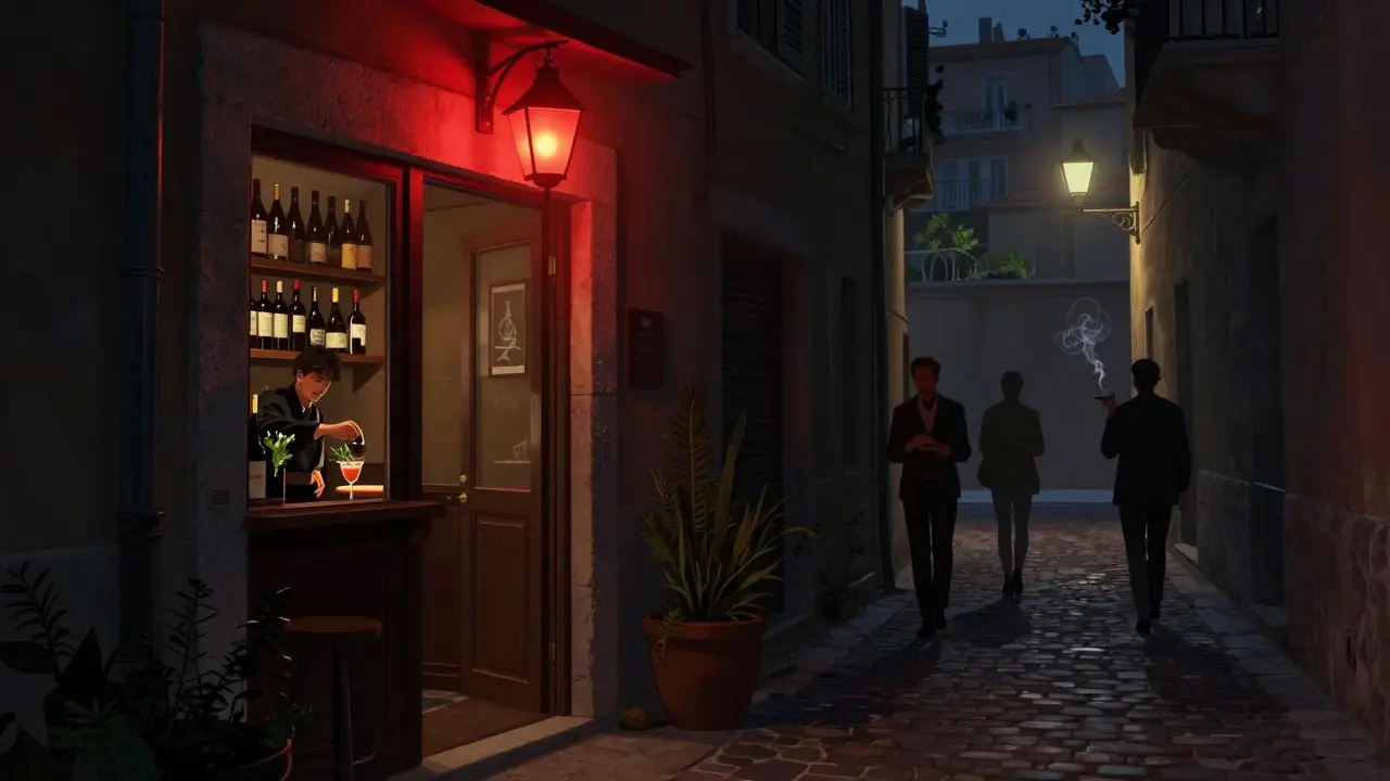 A hidden speakeasy entrance in Monaco-Ville glows with a single red lantern, revealing warm light and wine bottles through a narrow doorway.
