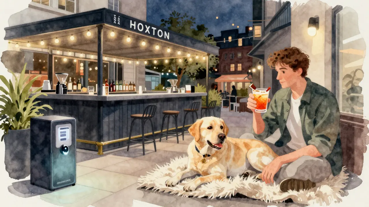 A Labrador rests on a blanket at a modern bar terrace with string lights and a treat dispenser.