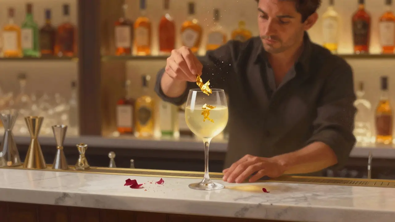 A mixologist adding gold leaf to a saffron gin cocktail in a sleek modern bar.