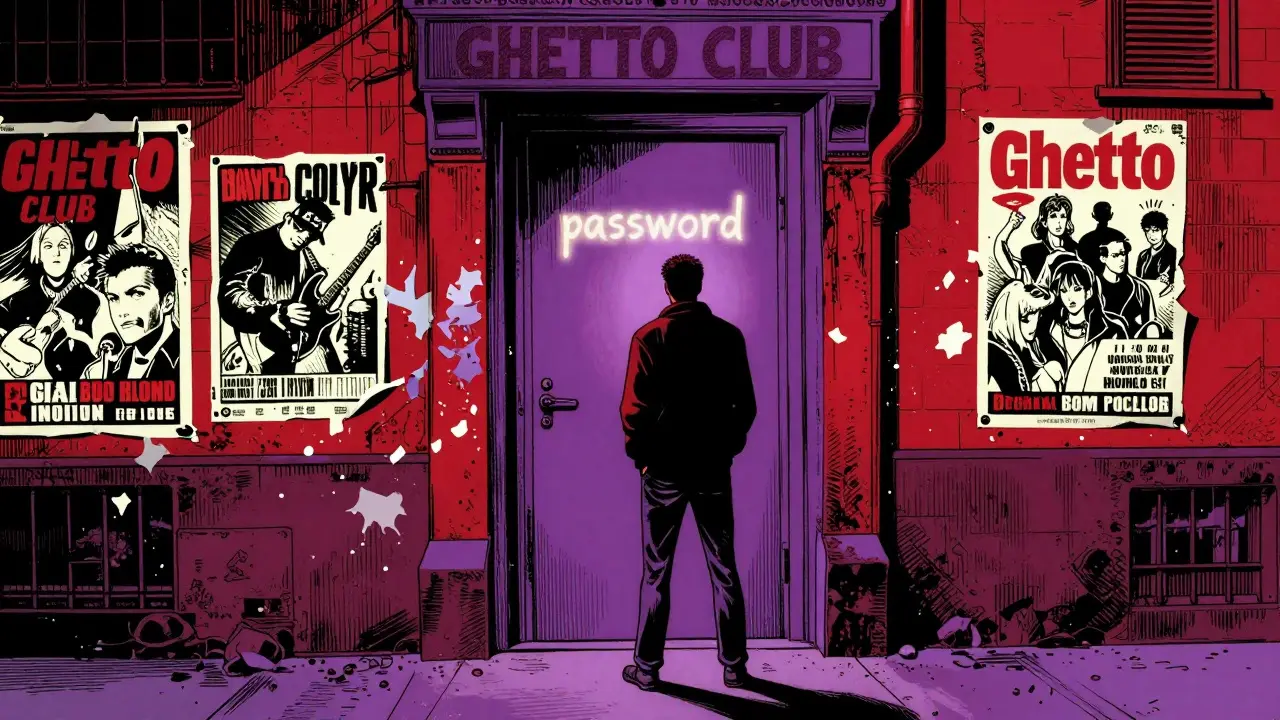 A mysterious unmarked door to an underground club in a narrow alley with glowing graffiti.