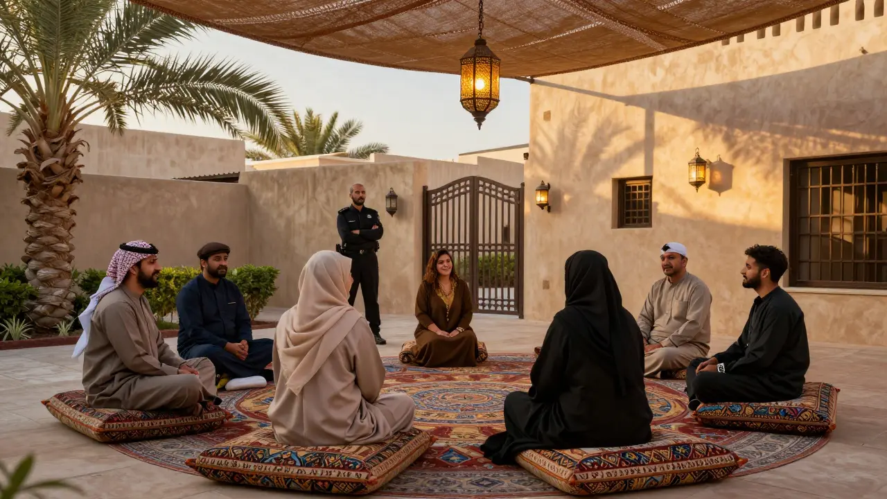 A private Arabic poetry reading in a hidden Al Ain villa courtyard under lantern light.