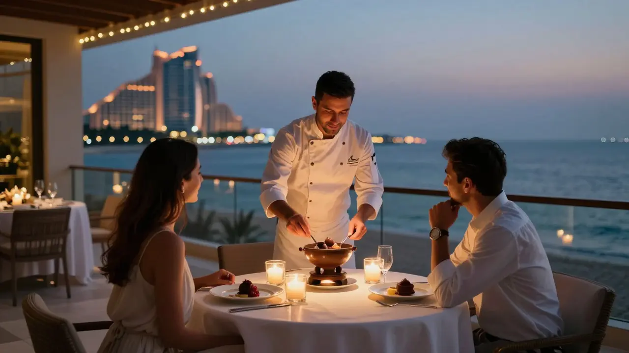 A private villa dinner on Palm Jumeirah with candlelight, ocean views, and a chef serving dessert.