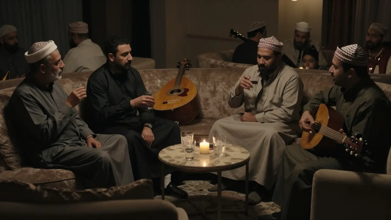 A quiet lounge with guests sipping Arak in conversation, warm candlelight and traditional music nearby