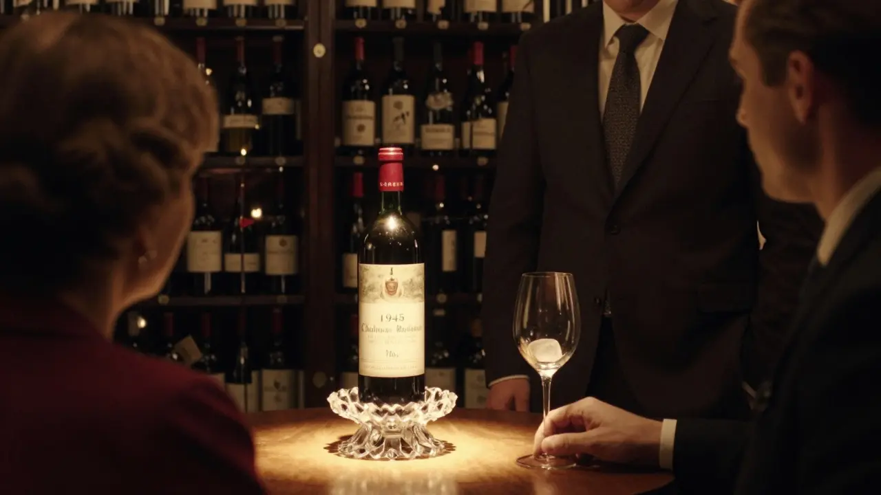 A rare 1945 wine bottle displayed in a candlelit cellar, with a sommelier and single ice cube nearby.