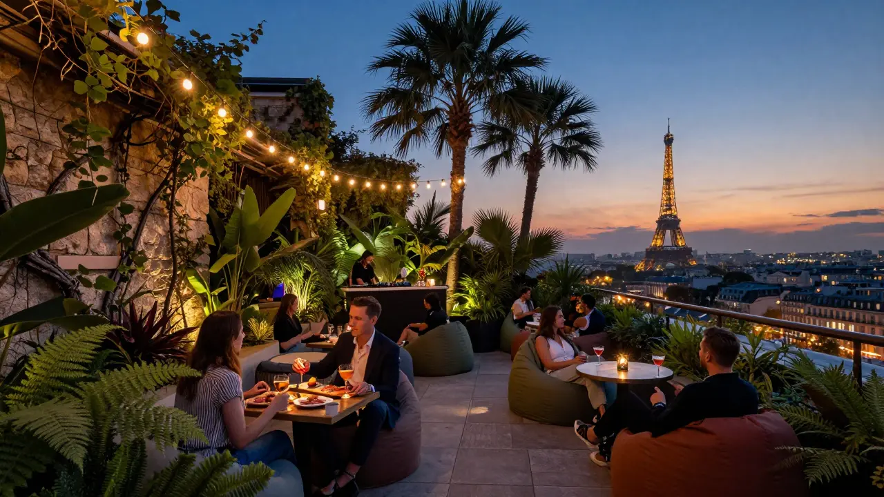 A rooftop jungle terrace above Paris at twilight, fairy lights and palm trees glowing against the city skyline.