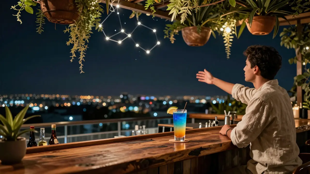 A rooftop secret garden in the sky, with hanging plants, fairy lights, and a guest sipping a color-changing cocktail.