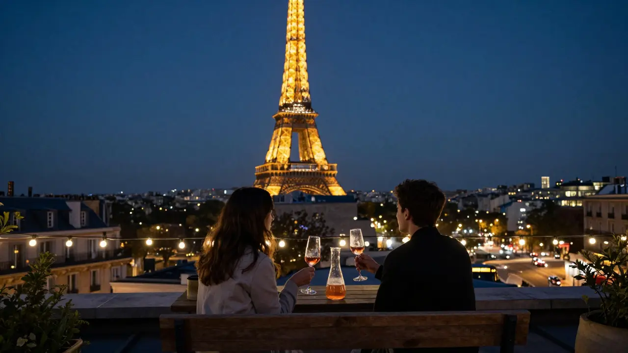 A rooftop terrace at midnight with two friends watching the sparkling Eiffel Tower, sharing wine under string lights.