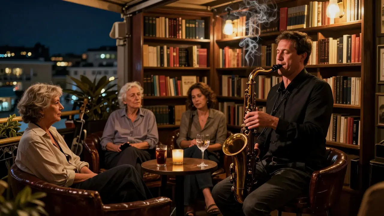 A small rooftop jazz club with a saxophonist playing as quiet patrons listen in dim amber light.