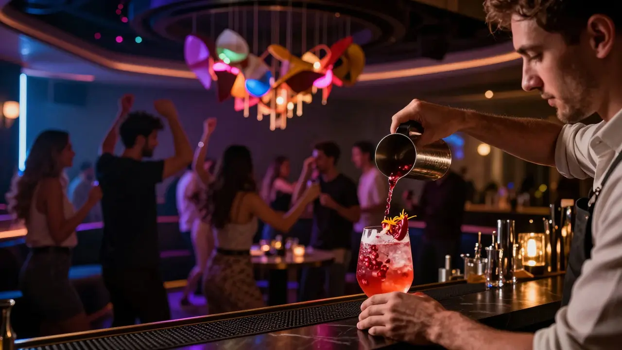 A sophisticated nightclub on Yas Island with soft lighting and calm, elegant dancing crowd