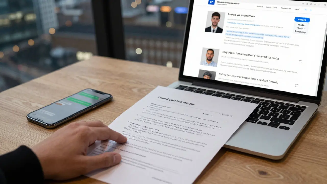 A verified escort profile is displayed with health badges and real reviews, while a blocked message lies discarded nearby.