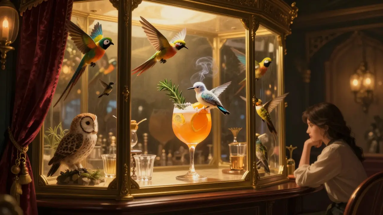 A Victorian-style bar with glass cabinets of taxidermied birds and a delicate sugar bird perched on a cocktail glass.