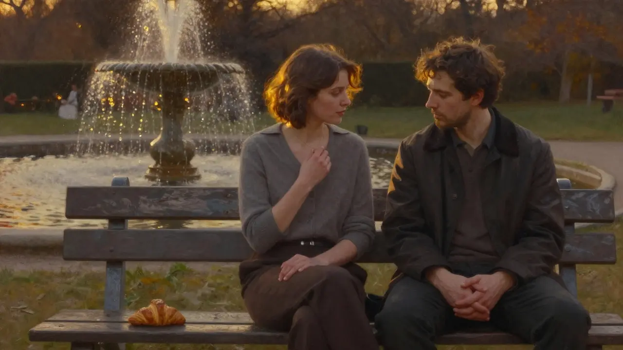 A woman sits on a bench in Luxembourg Gardens at sunset, golden light reflecting off a small fountain as she listens to someone beside her.