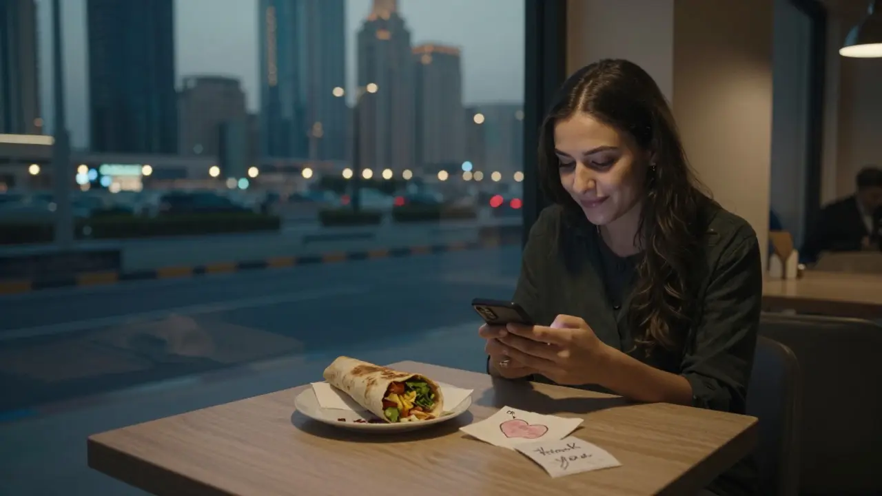 A woman smiles alone in a Dubai café, a simple note and half-eaten shawarma on the table, capturing a quiet moment of connection.