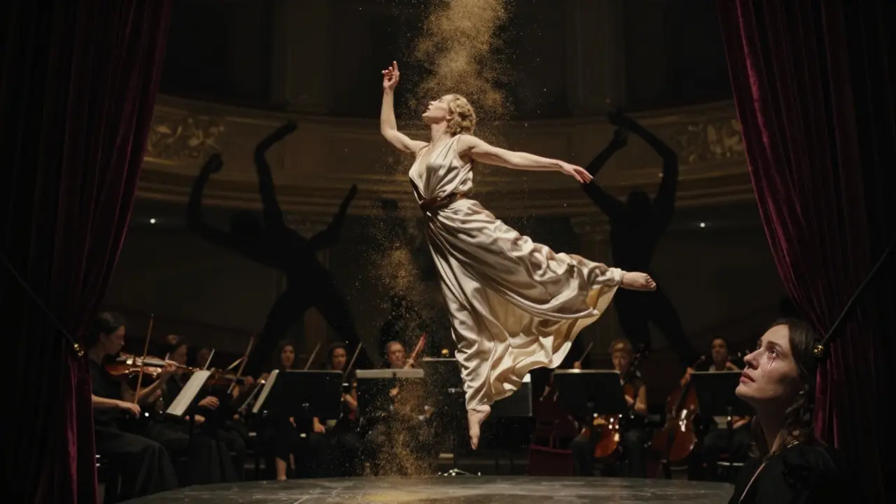 A woman suspended in silk mid-air under golden dust, performing in a dim theater with orchestra shadows.