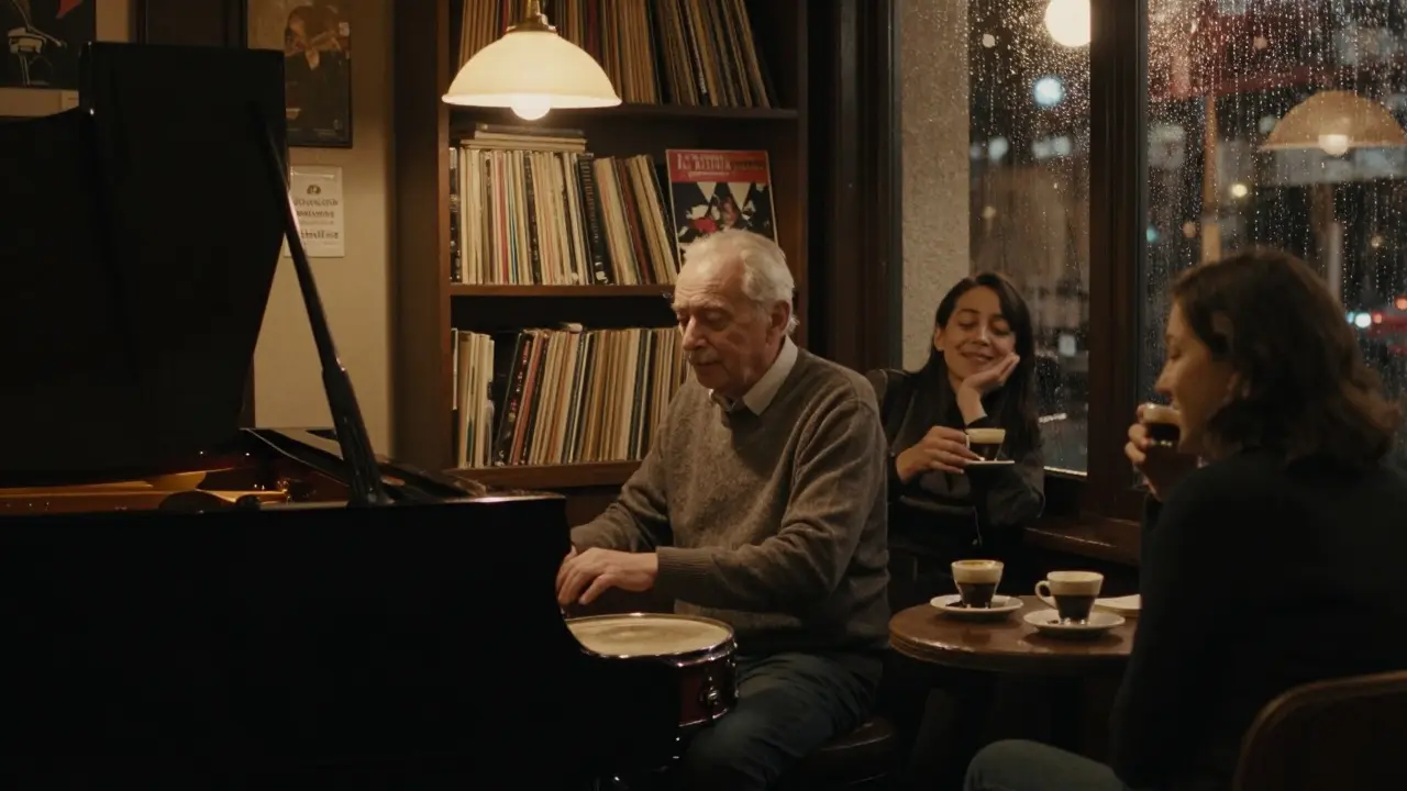 An elderly man playing jazz piano in a cozy café as two customers sip espresso under soft lamplight.