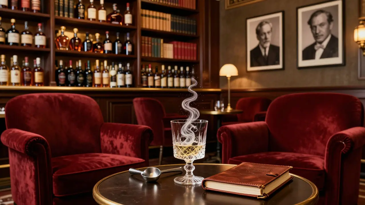 An elegant library bar with shelves of spirits, velvet chairs, and a glass of absinthe and champagne glowing in dim light.