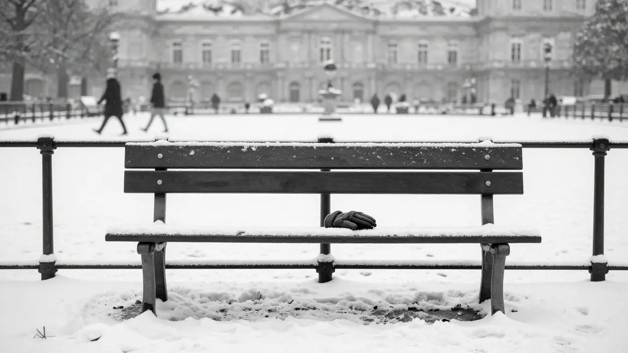 An empty bench in the Luxembourg Gardens under winter snow, a single glove left beside it.