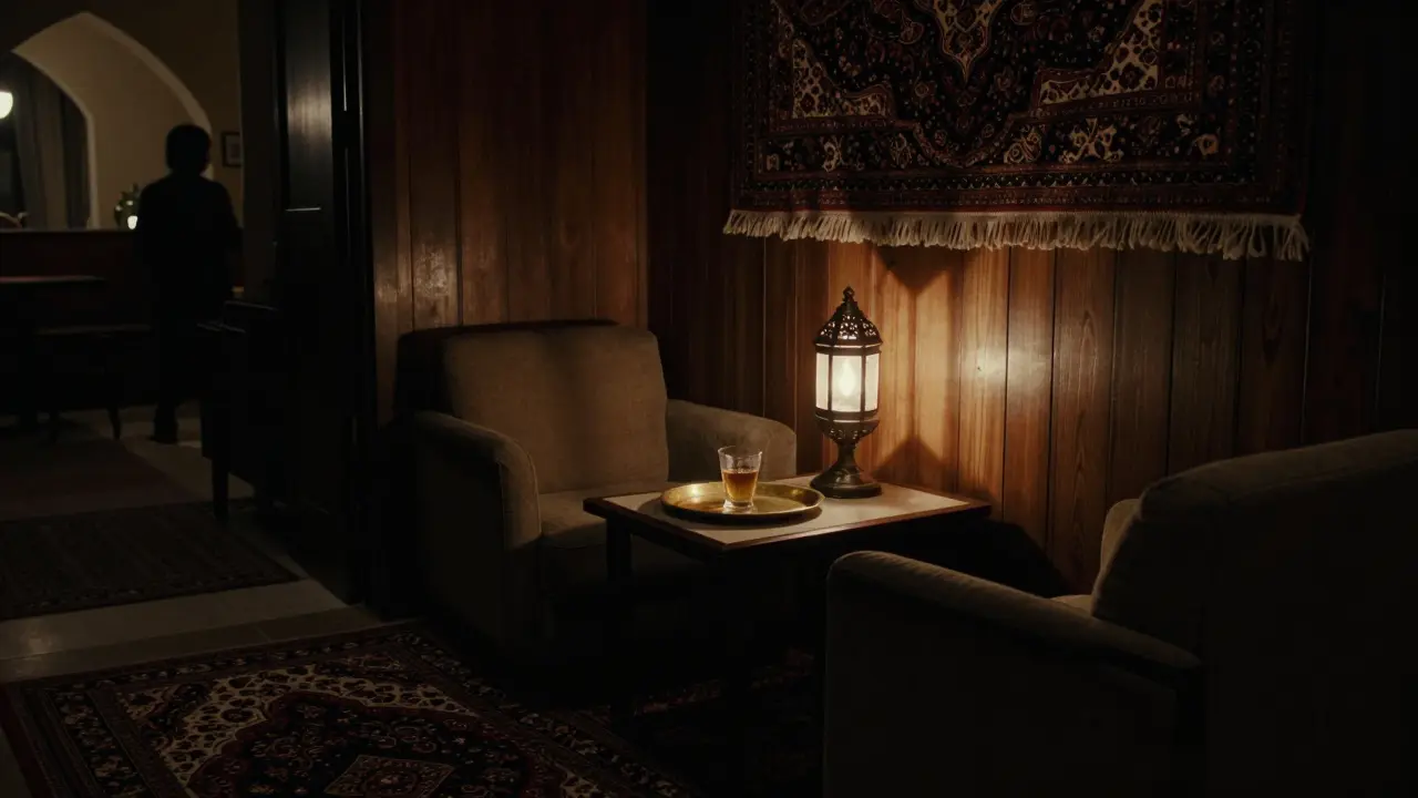 An empty, dimly lit lounge with Persian rugs and lantern light suggesting a hidden retreat.