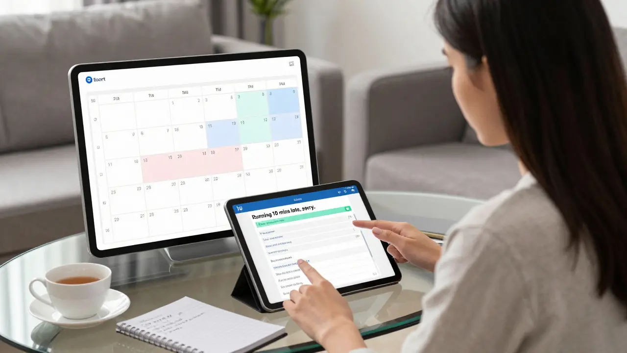 An escort reviews a booking profile on a tablet in a calm lounge, with a polite late message visible and appointments clearly scheduled.