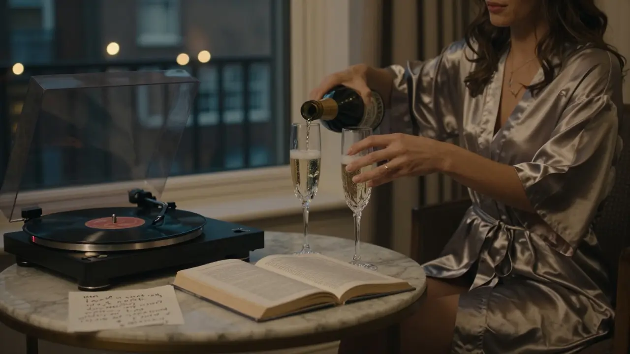 An intimate evening in a Kensington apartment with jazz playing, champagne pouring, and a book open on the table.