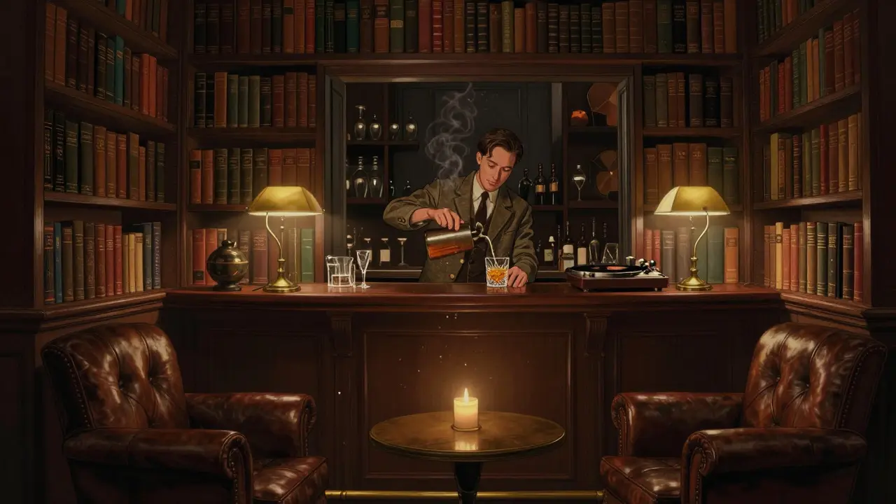 An intimate hidden bar resembling a 1920s scholar's study, with bookshelves, leather chairs, and a bartender pouring a cocktail.