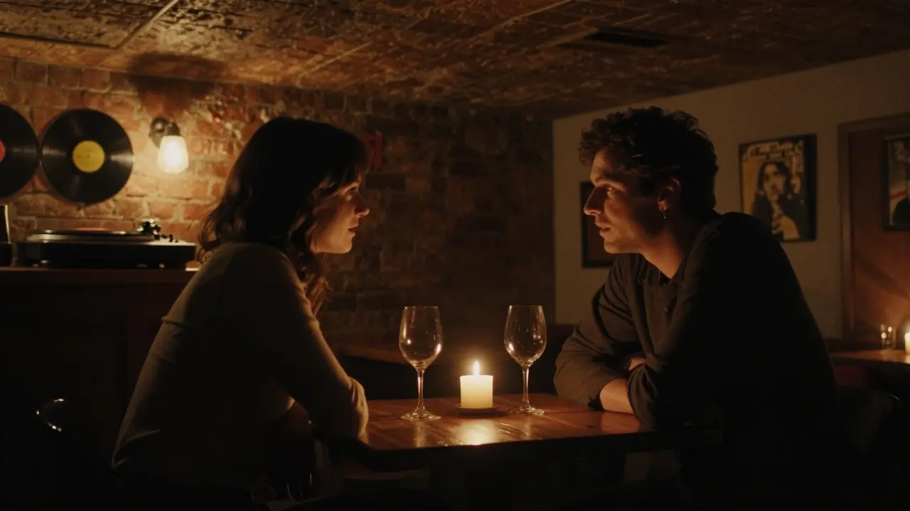 An intimate moment at a quiet Berlin bar with candlelight and vinyl records in the background.