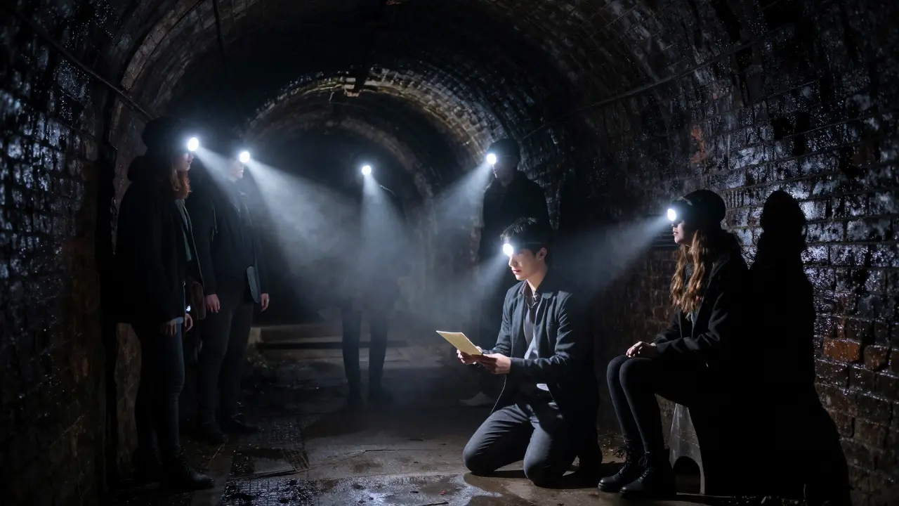 Audience members with headlamps walk through a dark tunnel as actors perform a whispered play.