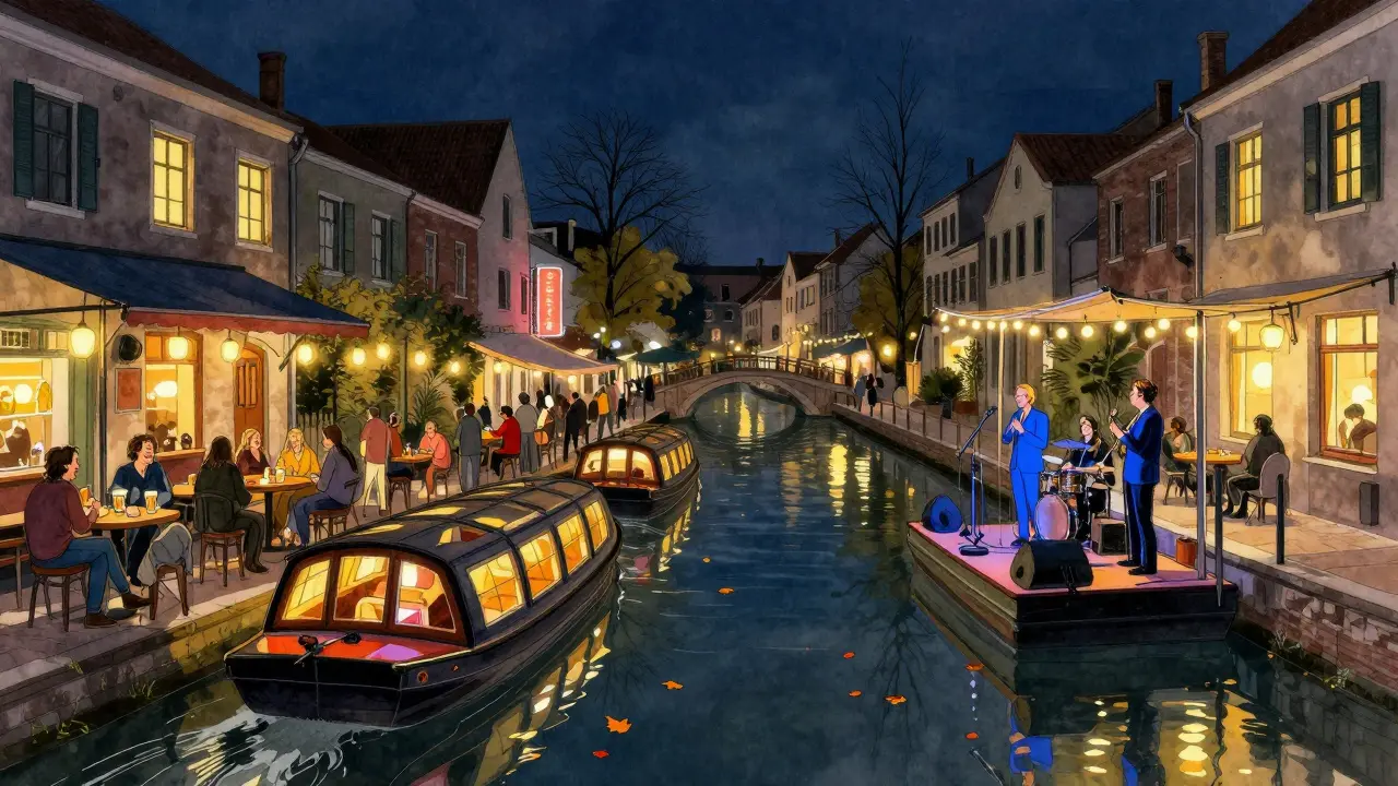 Canal-side bars in Navigli at night with lanterns, live music, and reflections on the water under a dark sky.