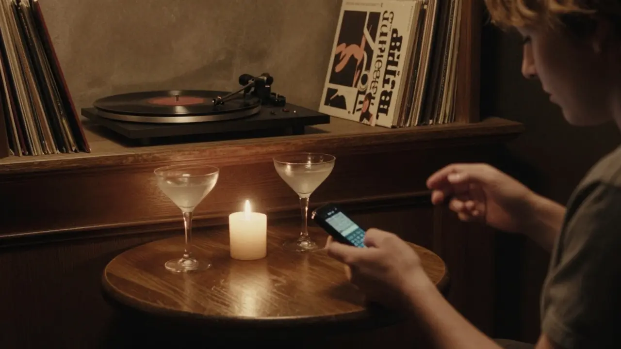 Candlelit table at Bar Tausend with cocktails and a book, phone turned face down.
