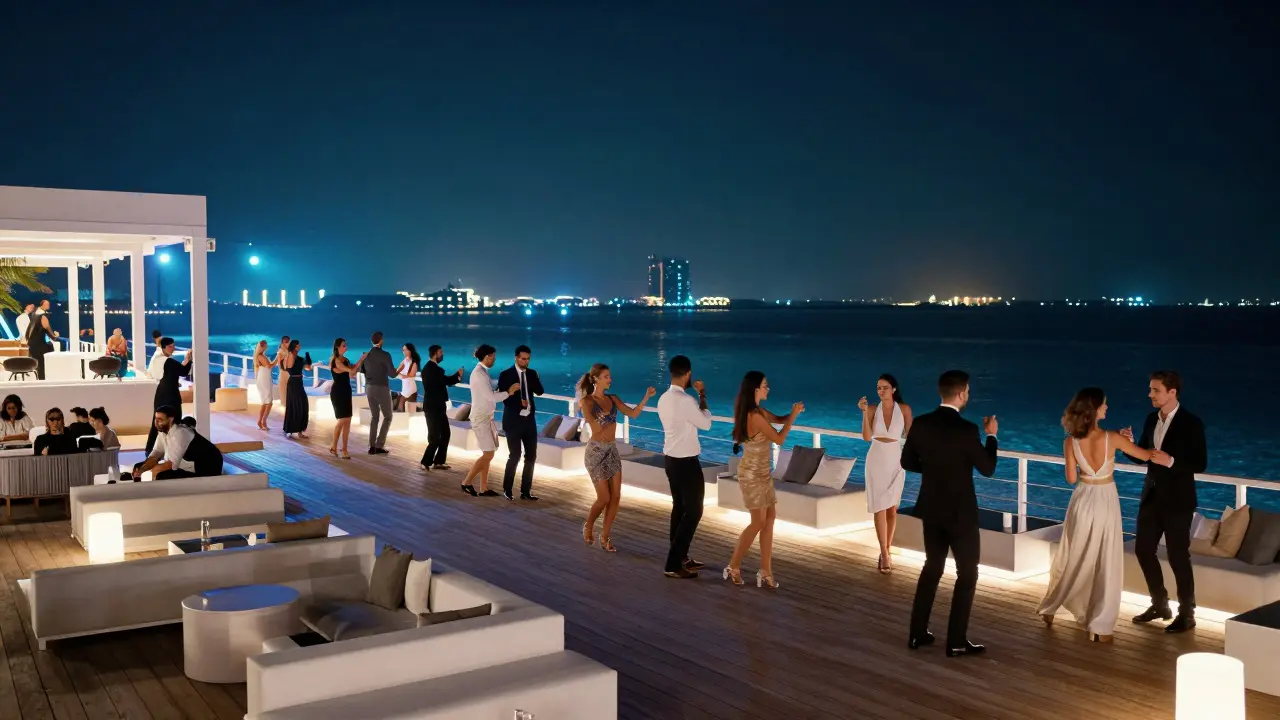 Couples dancing at a luxury beach club at night, surrounded by soft glowing lights and water reflections.