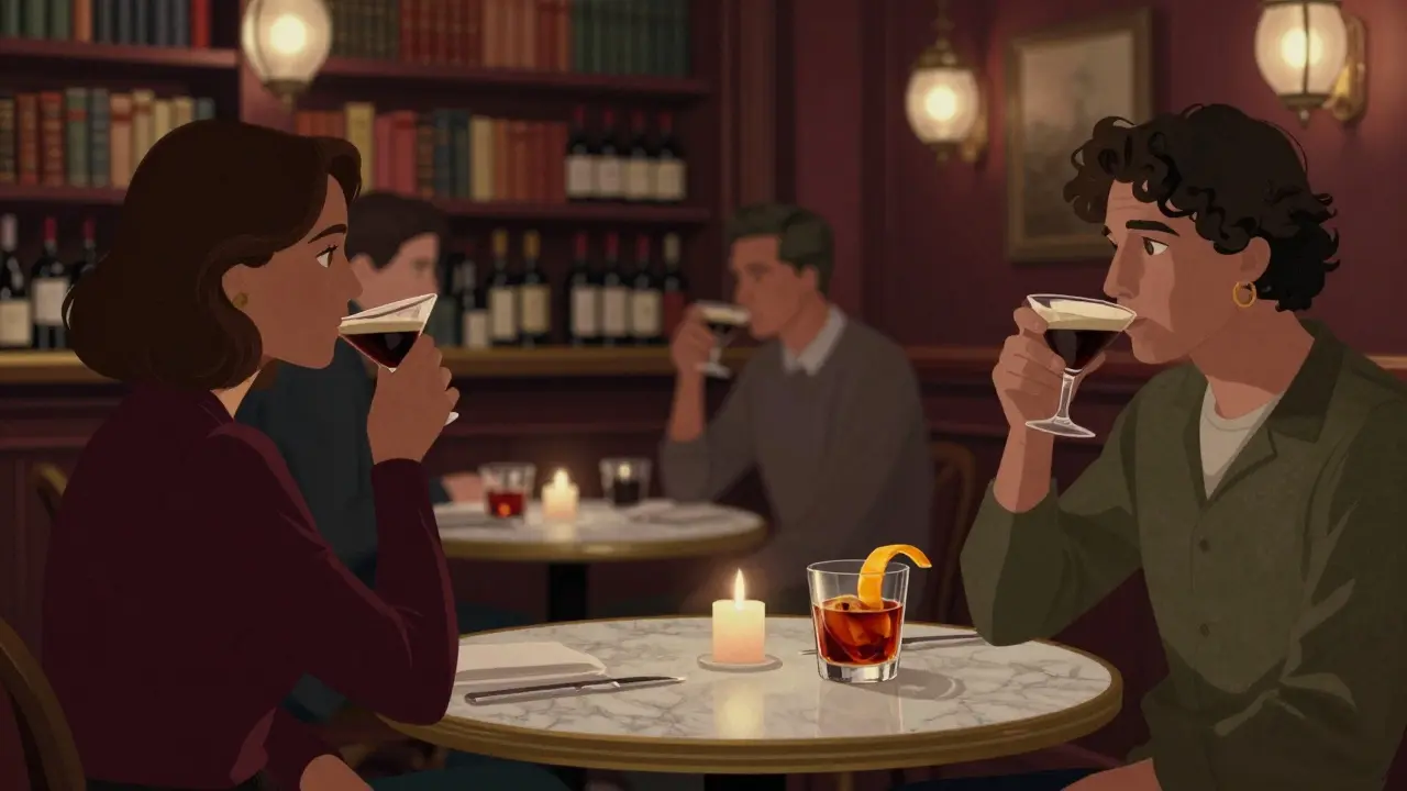 Cozy Brera wine bar with candles, patrons chatting over espresso martinis, vintage books in the background.