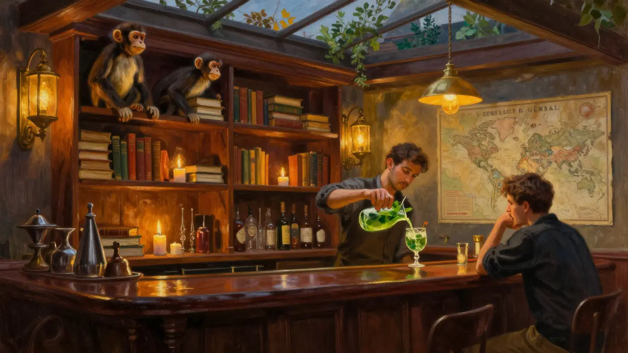 Cozy dimly lit bar with shelves of old books, taxidermy, and a glowing green cocktail being poured.