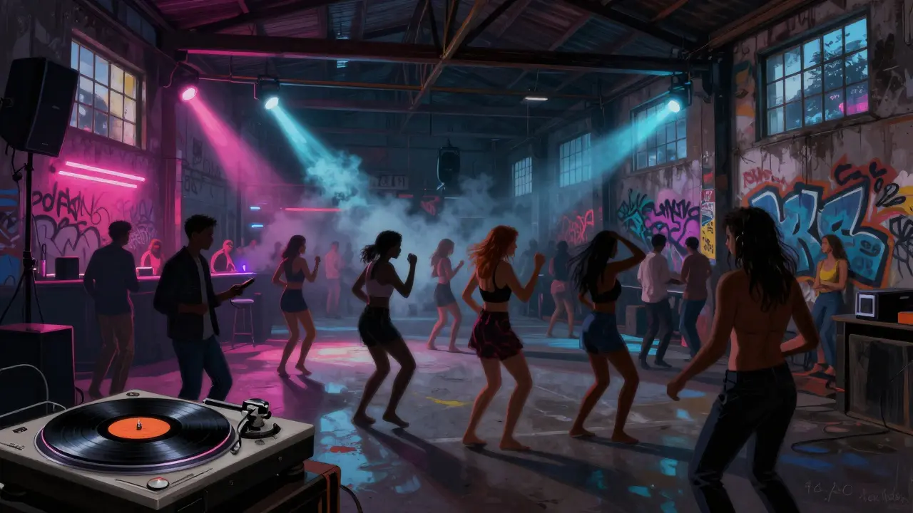 Crowd dancing in a neon-lit warehouse club with industrial vibes and smoke machines under low lighting.