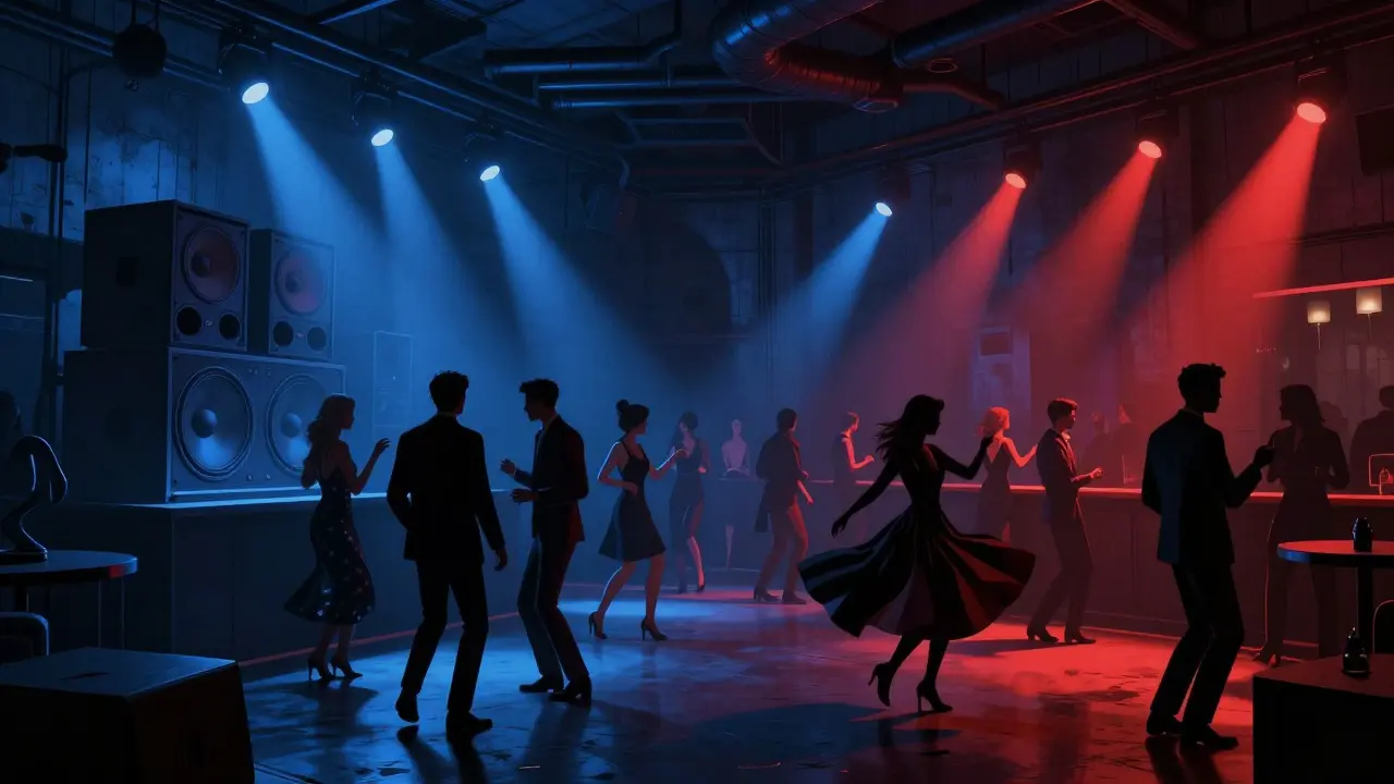 Crowd dancing in an industrial nightclub with dramatic lighting and elegant attire under pulsing sound systems.