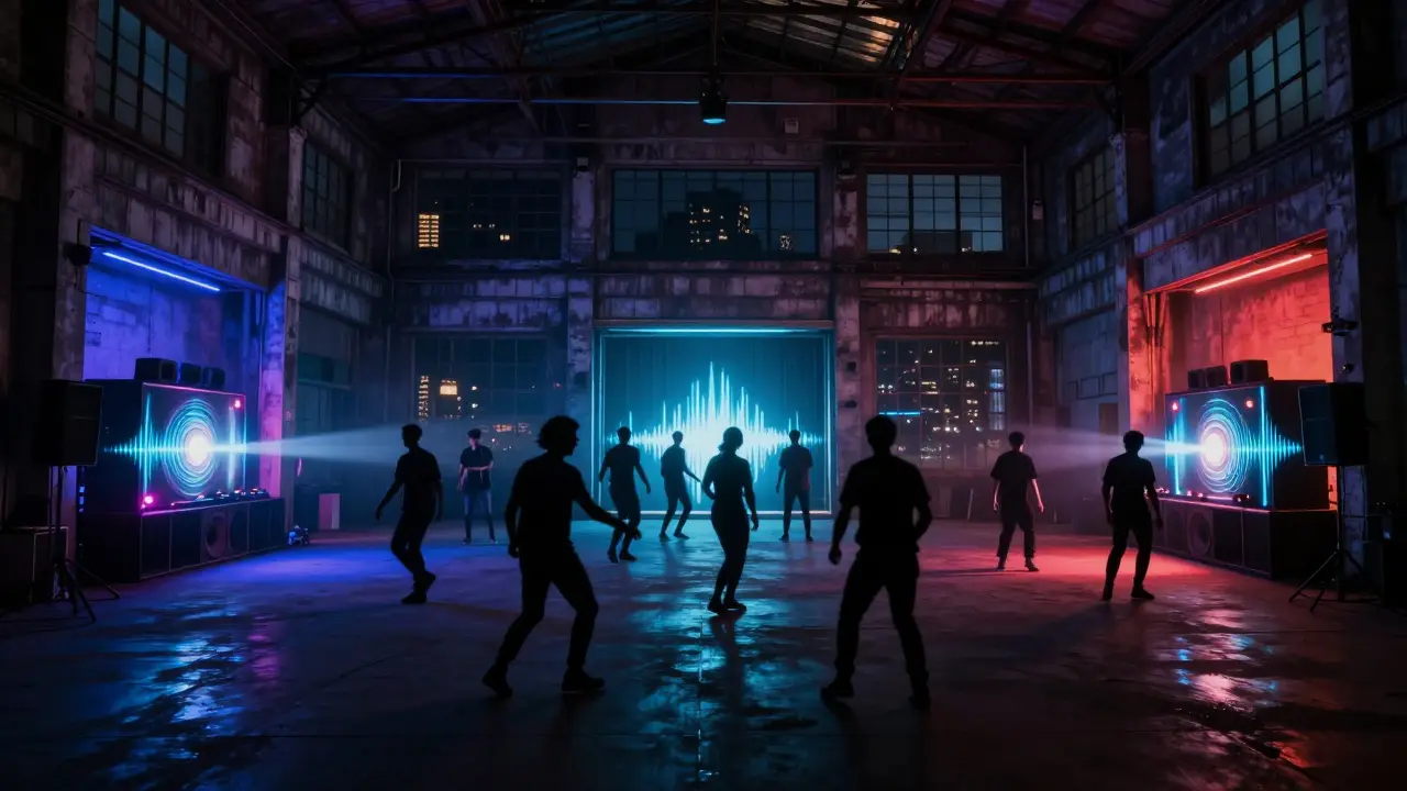 Dancers in an industrial warehouse club under pulsing neon lights at night.