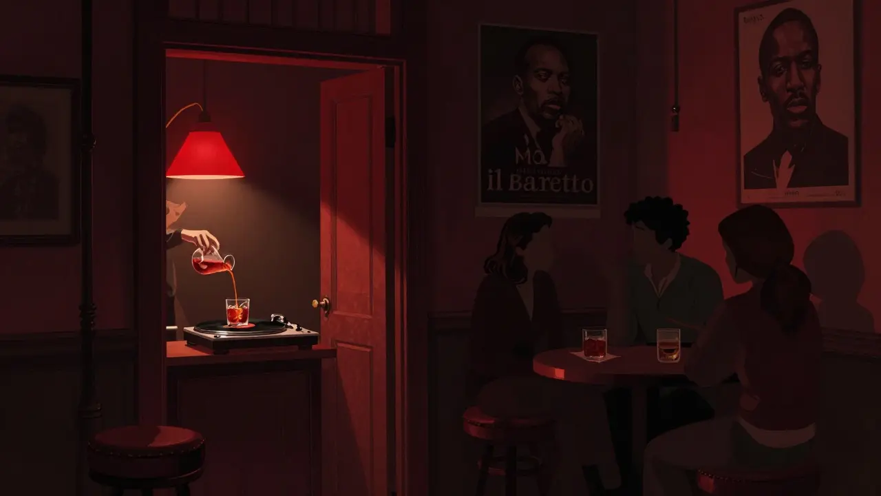 Dimly lit jazz speakeasy interior with a bartender pouring a Negroni and vinyl record spinning.