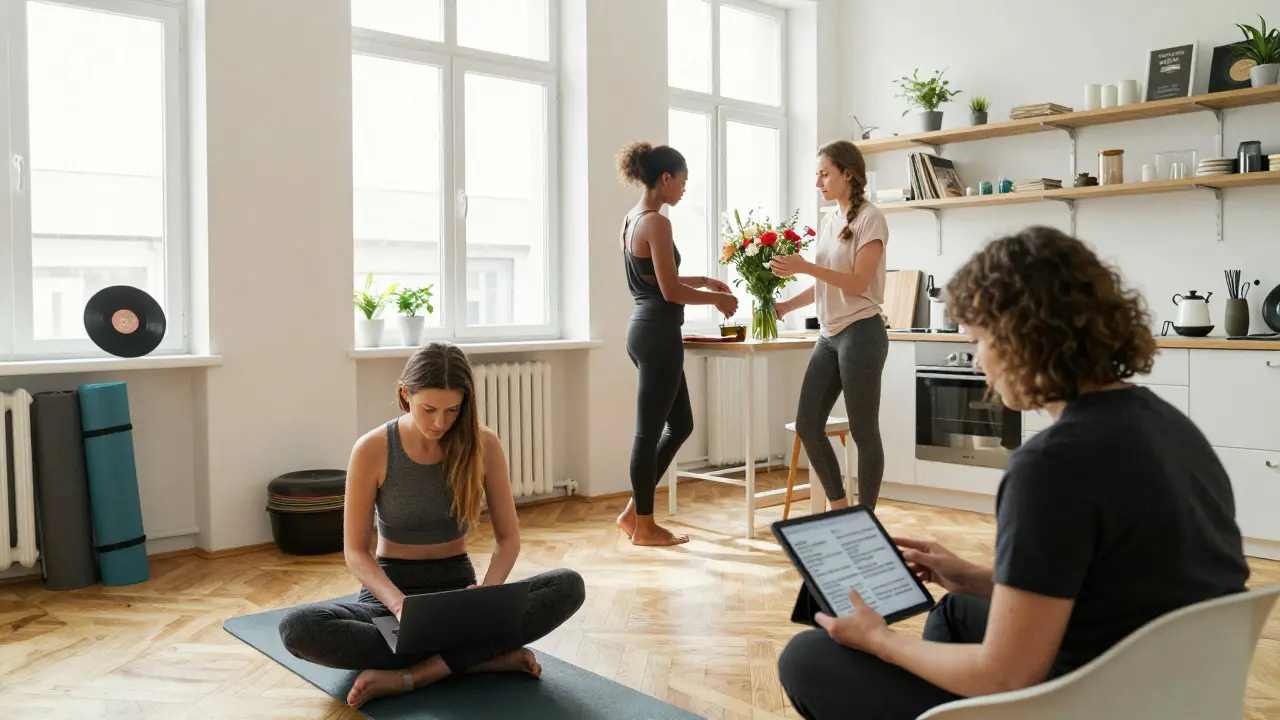 Diverse Berlin escorts in their personal spaces—typing, arranging flowers, reviewing feedback—showing independence and everyday life.