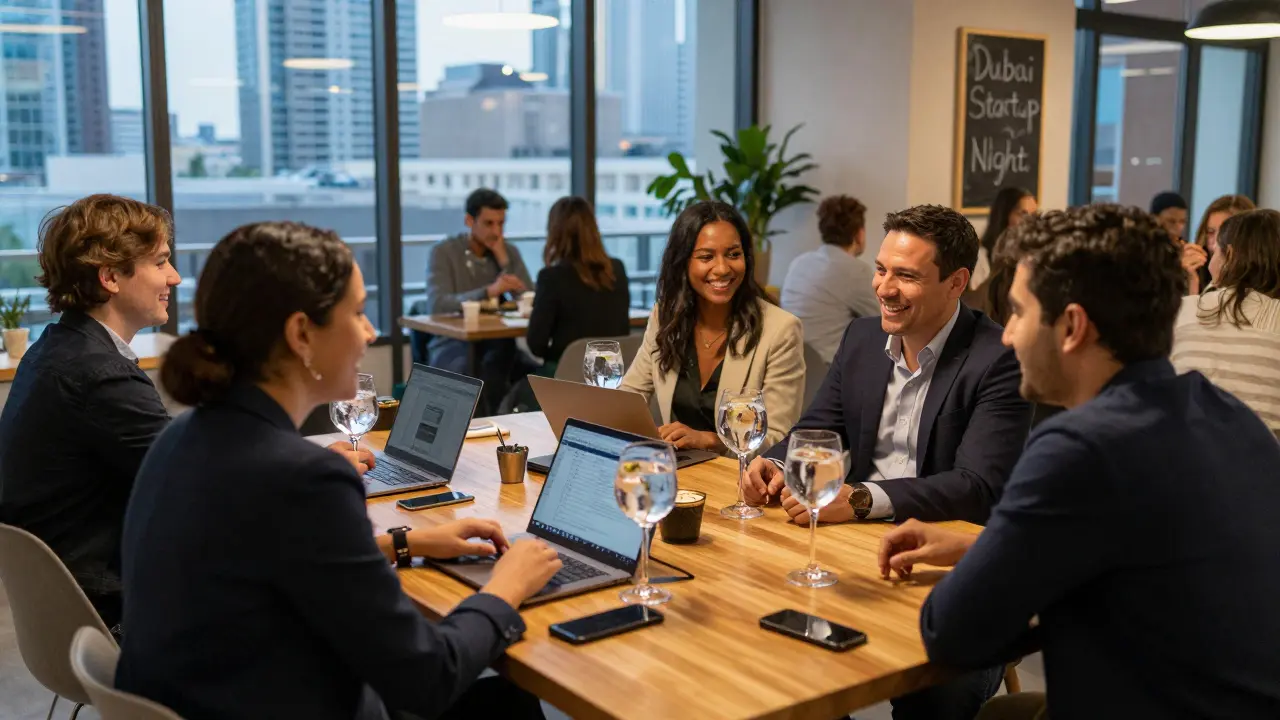 Diverse professionals networking at a communal table in a co-working space turned evening lounge.