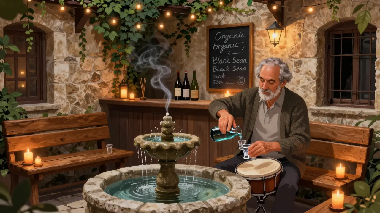 Hidden courtyard bar with tea candles, wooden benches, and a fountain, where a bartender pours raki under string lights.