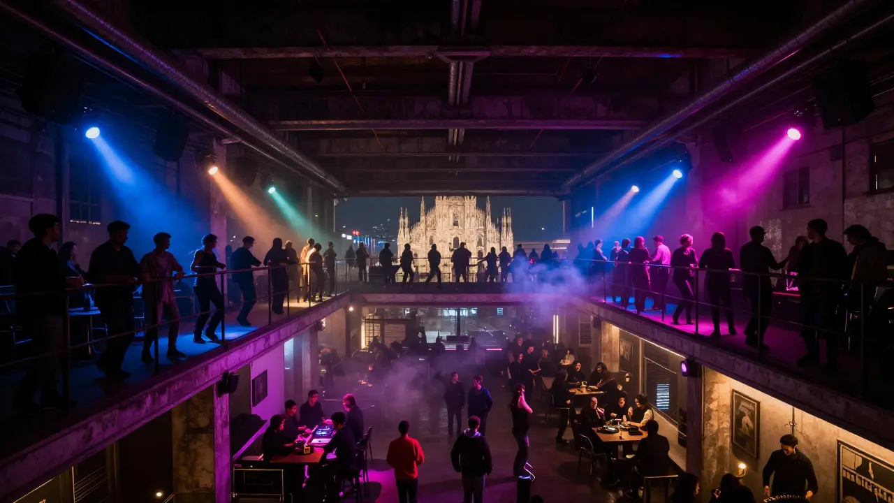 Industrial nightclub at night with dancers silhouetted under colorful strobe lights.