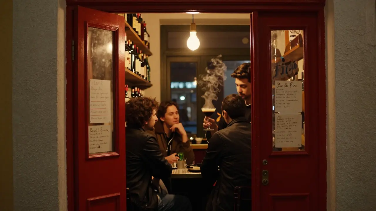 Intimate hidden bar with a bartender making coffee cocktails, warm lighting, and quiet patrons in a cozy setting.