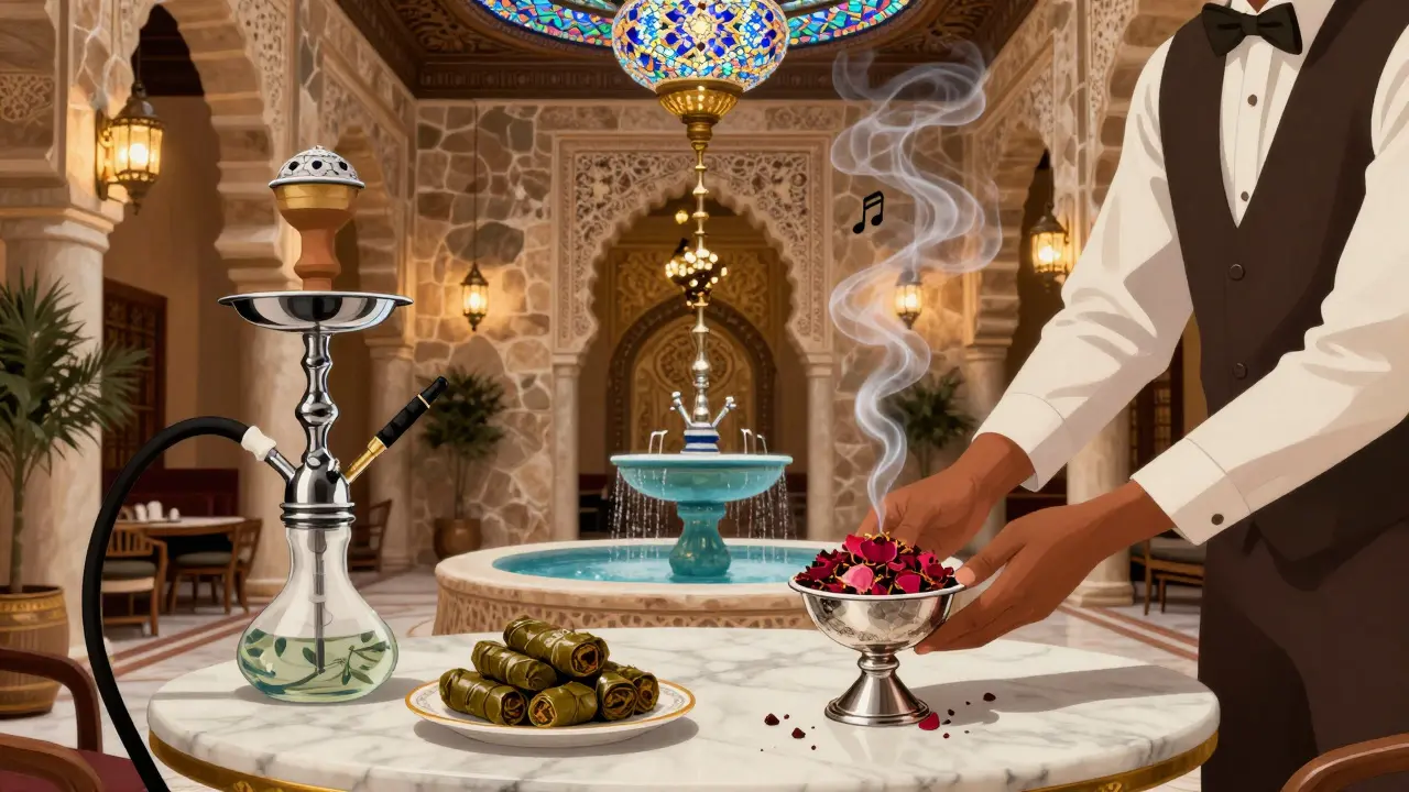 Luxurious riad-style hookah lounge with water features, lanterns, and hand-prepared tobacco bowls.
