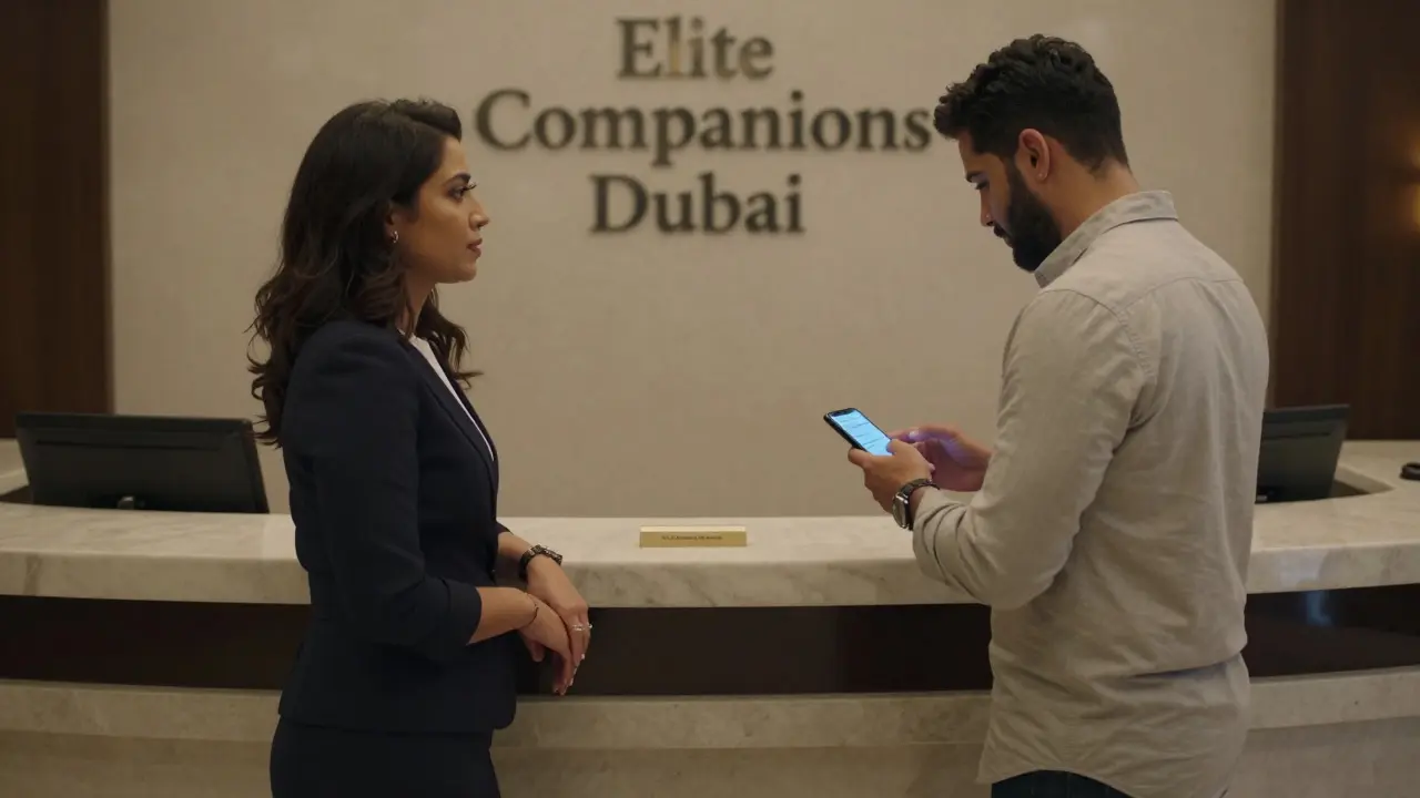 Man verifying escort's ID in a luxury hotel lobby with professional demeanor.