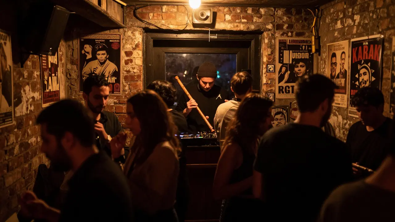 People dancing in a dim, intimate underground club with a DJ blending traditional Turkish music and house beats.