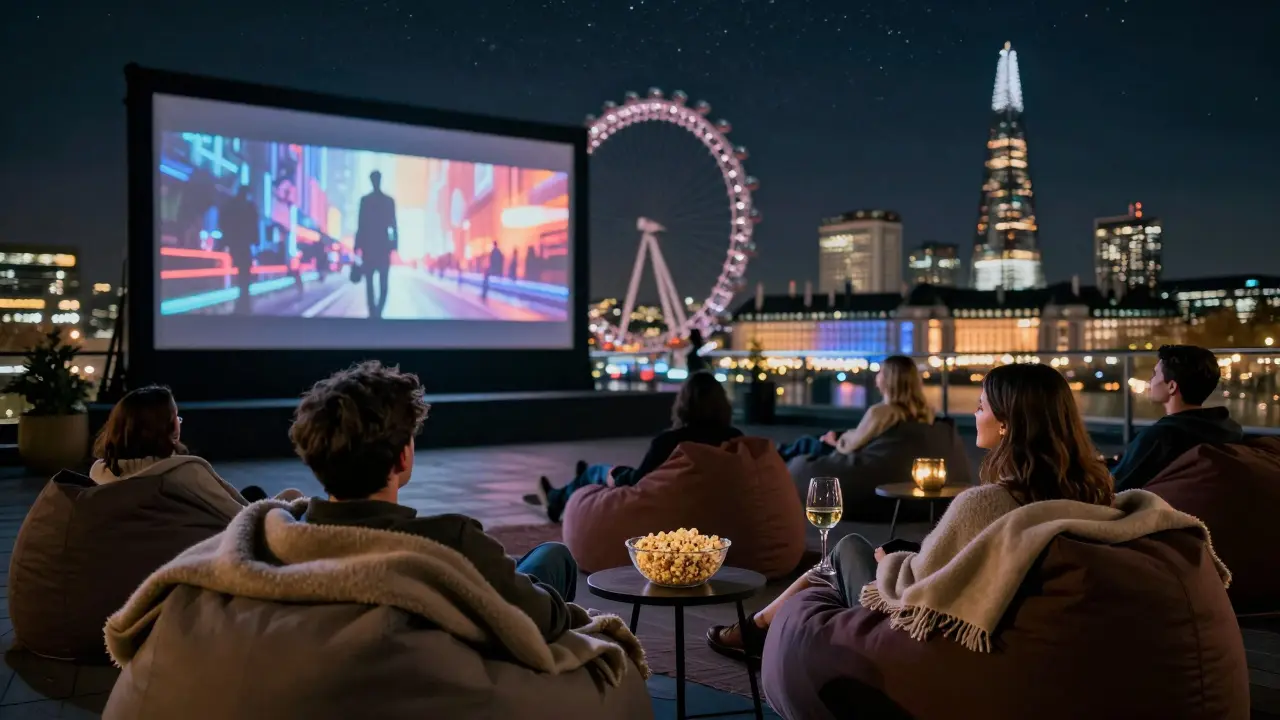 People lying on beanbags under the stars watching a film, with London’s skyline glowing in the distance.