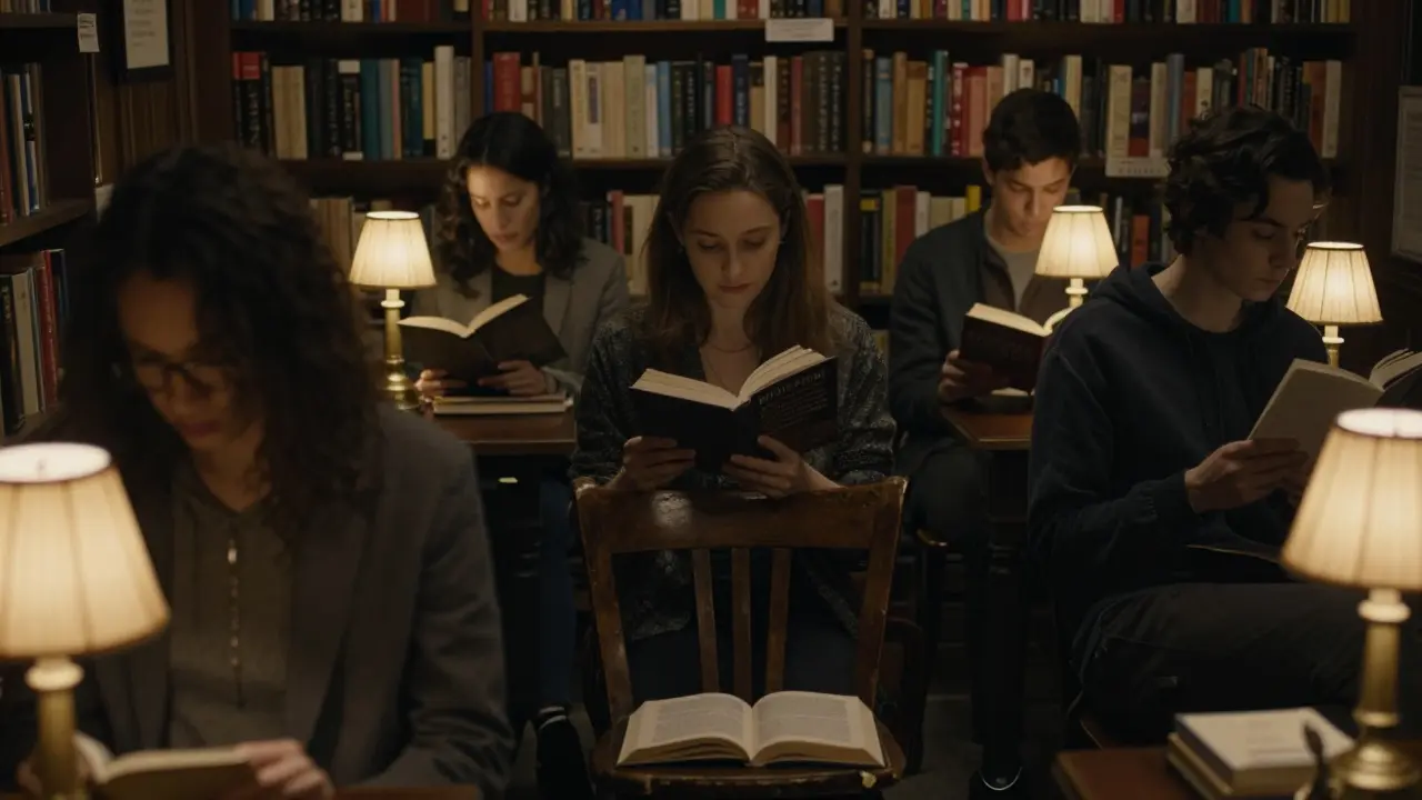 People sit in silence at a candlelit midnight reading in a bookshop, each lost in a novel.