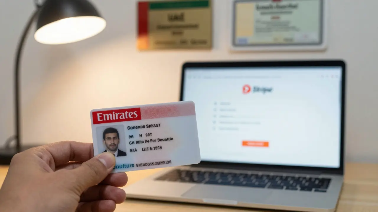 Redacted Emirates ID and secure payment confirmation on a laptop in a registered business office.